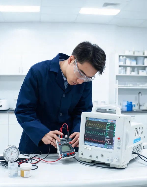 Biomedical engineer inspecting equipment